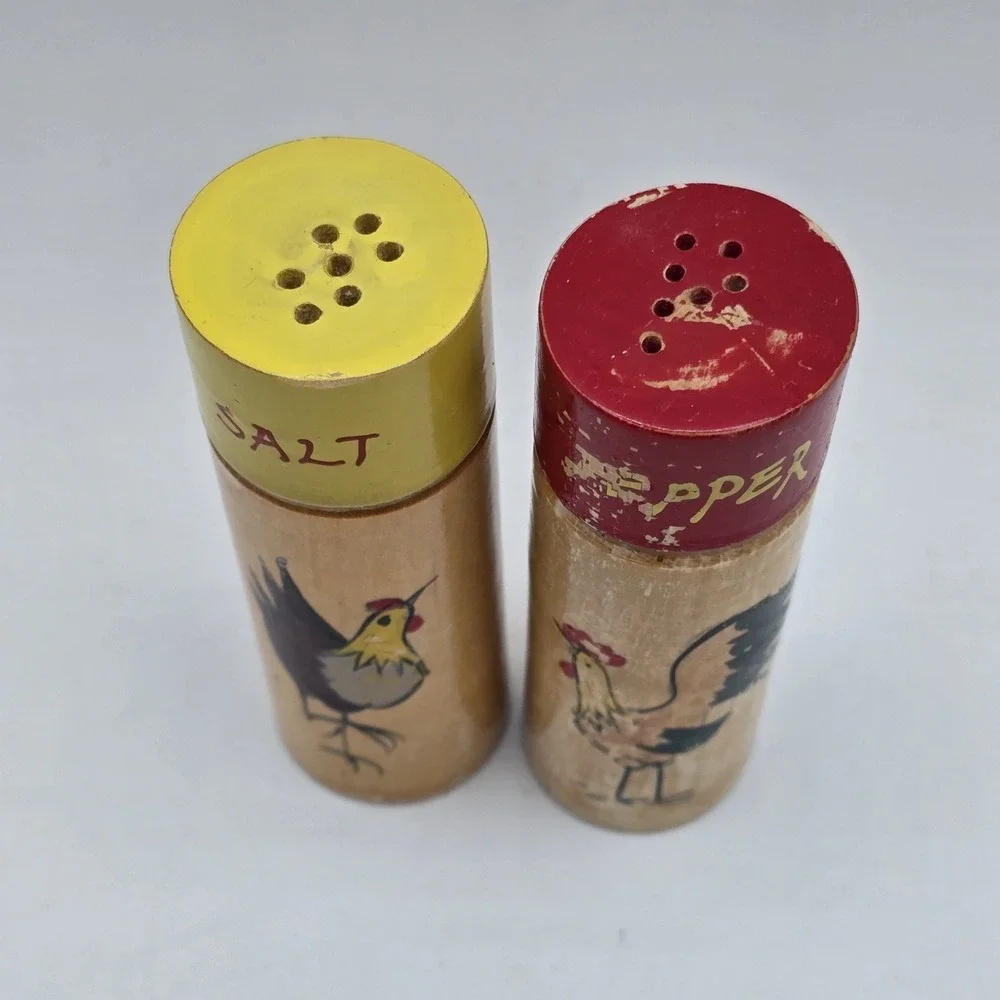 Vintage Salt & Pepper Shakers Red Yellow Wood Cylindrical with Chicken Design